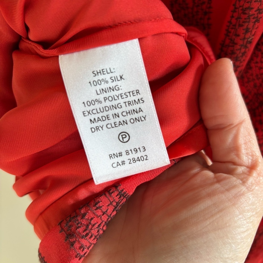 Silk Midi Dress Size Small Red Black Romantic Geometric Puff Sleeve Artsy Dainty - Picture 8 of 11